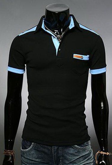 T-shirt Polo Manche Courte Col Rabattu Poche Design Blocs de Couleur Pour Hommes - Noir XL