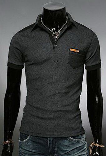T-shirt Polo Manche Courte Col Rabattu Poche Design Blocs de Couleur Pour Hommes - gris foncé 2XL