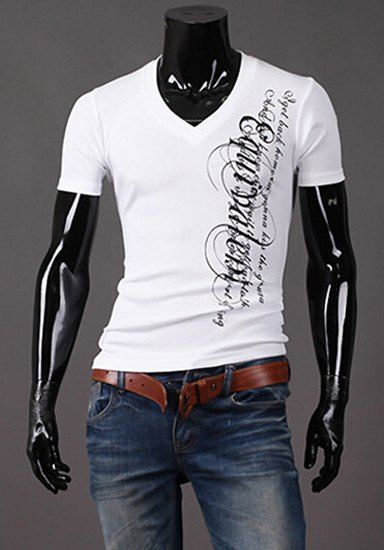 Minceur V-Cou Lettres de mode Imprimer T-shirt couleur manches courtes hommes solides - Blanc M