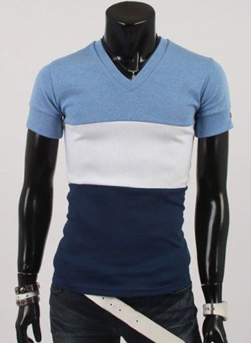 Classic Color Splicing V-Neck PU Leather Embellished Slimming Short Sleeves Men's T-Shirt - Bleu M