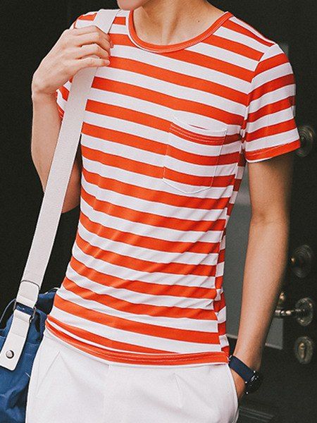 T-shirt en coton mélangé de la mode Color Block Stripes col rond manches courtes hommes Minceur - Rouge M