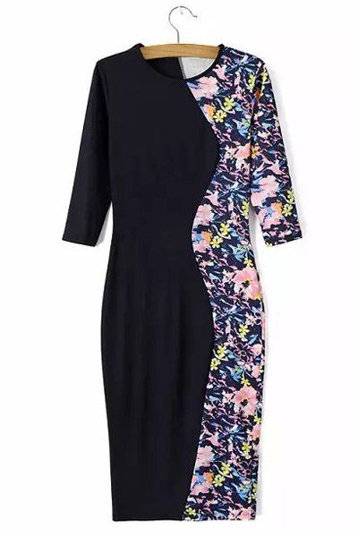 Elegant Floral Print Splicing Round Collar Half Sleeve Dress For Women - multicolore L