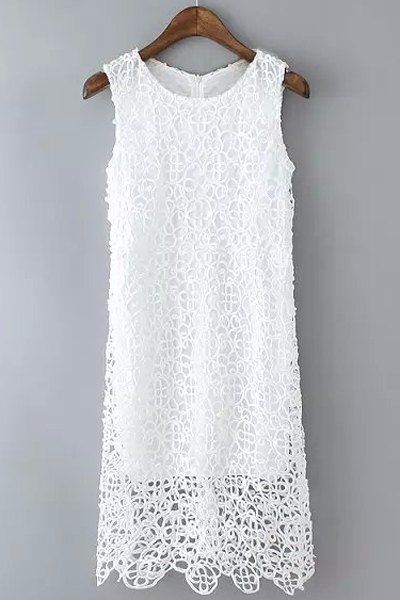 Elegant Sleeveless Round Neck Hollow Out Lace Women's Dress - WHITE L