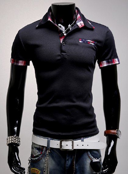 Trendy Colour Block Checked épissage Turndown col manches courtes Minceur Polyester Polo T-shirt - Cadetblue L