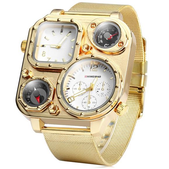 Shiweibao 1108 Double Movt Quartz Watch Compass Rectangle Dial Male Golden Steel Net Wristwatch - Blanc 