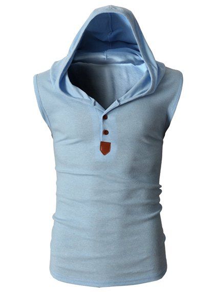Débardeur à Capuche Amincissant Tendance en Polyester Sans Manches Design Boutons et Couleur Unie pour Hommes - Bleu clair XL