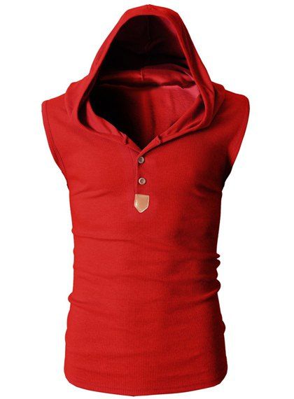 Débardeur à Capuche Amincissant Tendance en Polyester Sans Manches Design Boutons et Couleur Unie pour Hommes - Rouge L