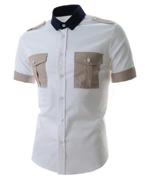 Trendy Epaulet Conception Splicing couleur col de chemise en polyester à manches courtes hommes shirt minceur - Kaki M