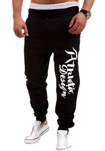 

Fashion Lace-Up Letters Print Loose Fit Beam Feet Men's Polyester Sweatpants, Black