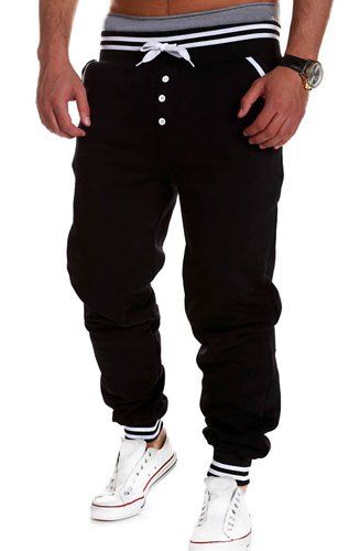 Pantalon de Sport en Polyester avec Boutons Décoratifs à Cordon de Serrage pour Homme - Noir XL