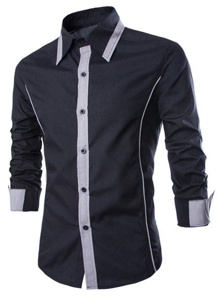 

Trendy Color Block Fake Tie Design Shirt Collar Long Sleeve Slimming Men's Polyester Shirt, Black