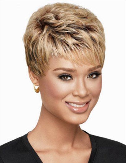 Capless perruque synthétique Trendy Ombre ultracourtes Curly Bang Side mousseux femmes - multicolore 