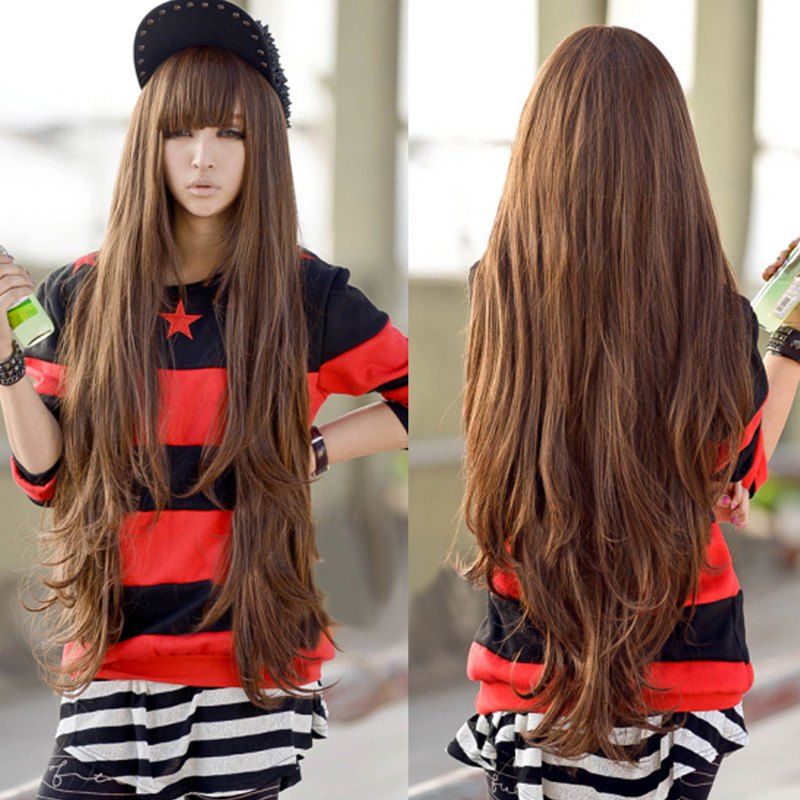 

Trendy Full Bang Synthetic Light Brown Fluffy Long Wavy Charming Women's Wig