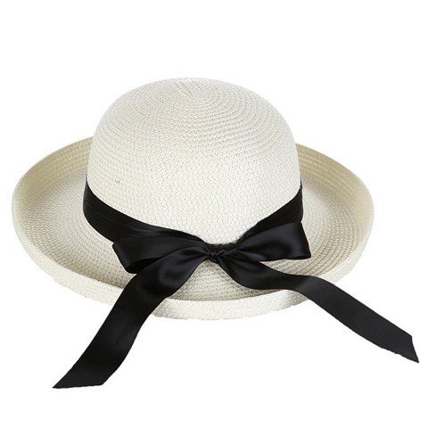Chic Black Bow Ribbon Embellished Flanging Chapeau de paille pour femme - Blanc 