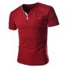 Fashion Button Embellished Color Splicing V-Neck à manches courtes en minceur pour hommes en polyester T-Shirt - Rouge XL