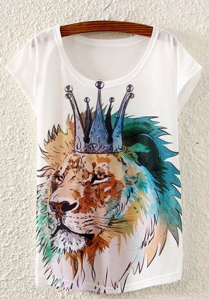 Scoop Neck Lion Head T-shirt Imprimer élégant pour les femmes - Blanc ONE SIZE(FIT SIZE XS TO M)