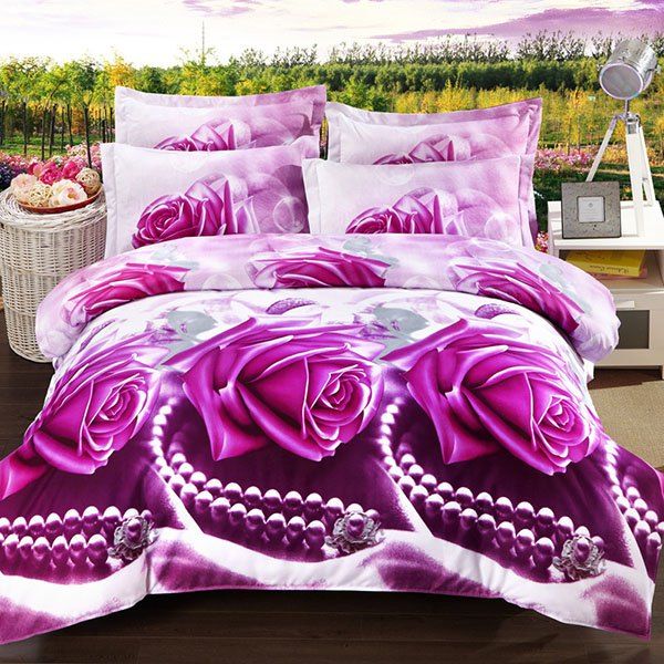 

Simple 3D Oil Painting Pearl and Rose Pattern 4 Pcs Duvet Cover Sets ( Without Comforter, Violet rose