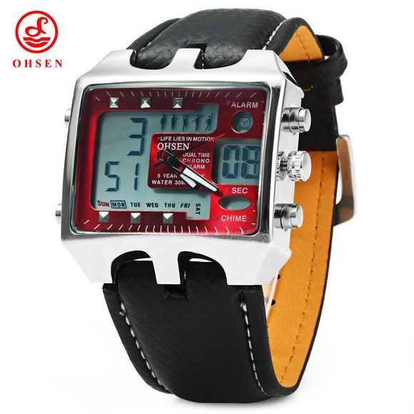OHSEN AD0930 Men Analog PU Leather Sports Digital Watch Dual Time Display 30M Water Resistant Rectangle Big Dial - Rouge 