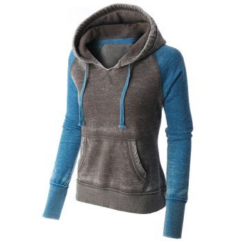 

Casual Style Long Sleeve Hooded Front Pocket Design Spliced Women's Pullover Hoodie, Blue