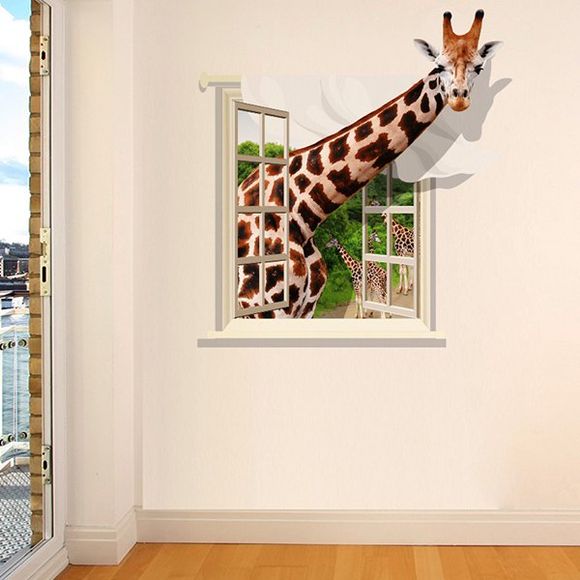 De Bonne Qualité Autocollant de mur 3D amovible de forme de fenêtre de modèle de girafe - multicolore 