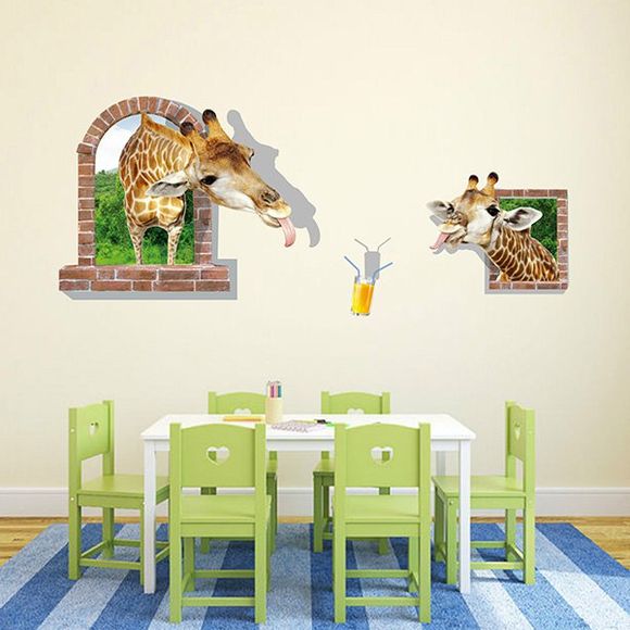 Bonne qualité Giraffe boire du jus Motif Fenêtre Forme 3D amovible Wall Sticker - multicolore 