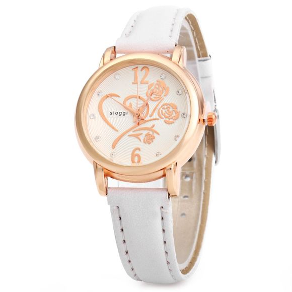 Women Bracelet Quartz Wrist Watch with Rose Pattern Rhinestone Decoration - Blanc 