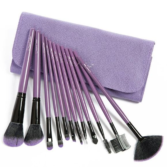 12 Pcs Fiber Makeup Brushes Set with PU Brush Bag - Pourpre 