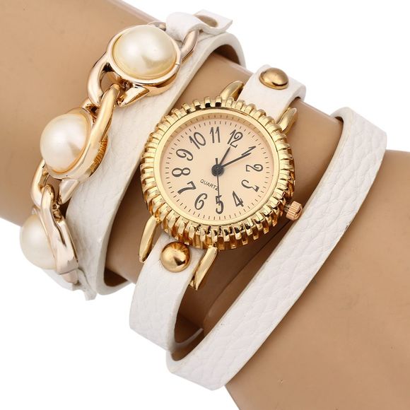 Women Bracelet Quartz Wrist Watch Pearl Leather Strap - Blanc 