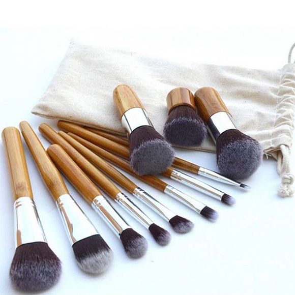 Professional 11 Pcs Nylon Makeup Brushes Set with Gunny Bag - Jaune 