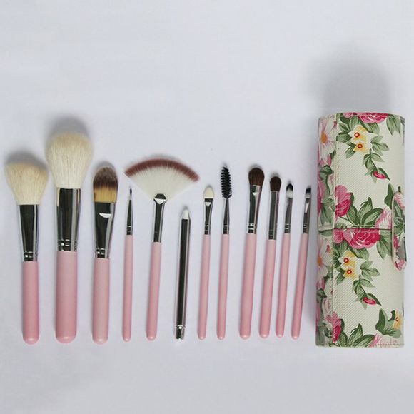 12 Pcs Wool Makeup Brushes Set with Rose Brush Holder - Rose 