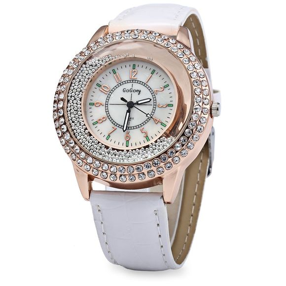 Gogoey 051 Women Crystal Diamond Quartz Watch Leather Band - Blanc 