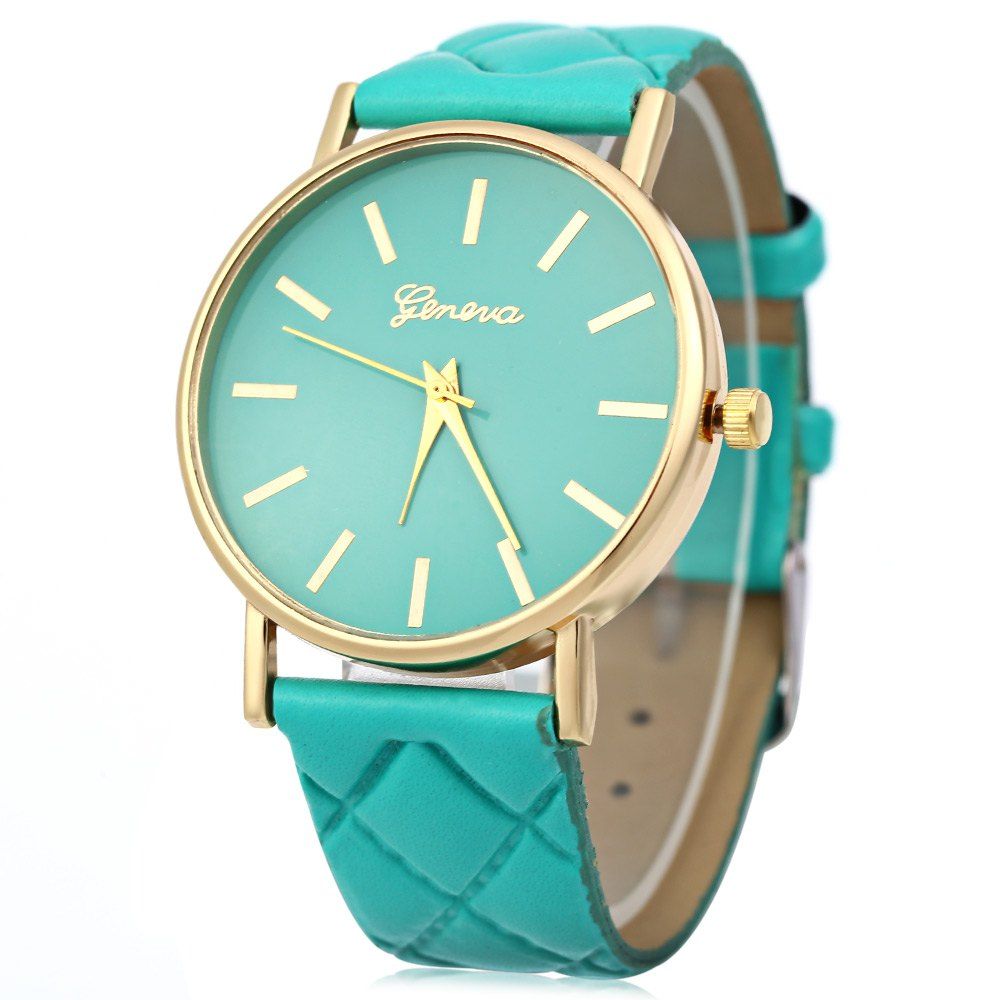 

Women Quartz Watch Checks Leather Band Round Dial, Green
