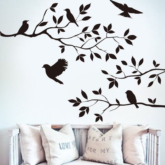 Modern Birds Tree Branches Design Solid Color Wall Sticker For Home - Noir 