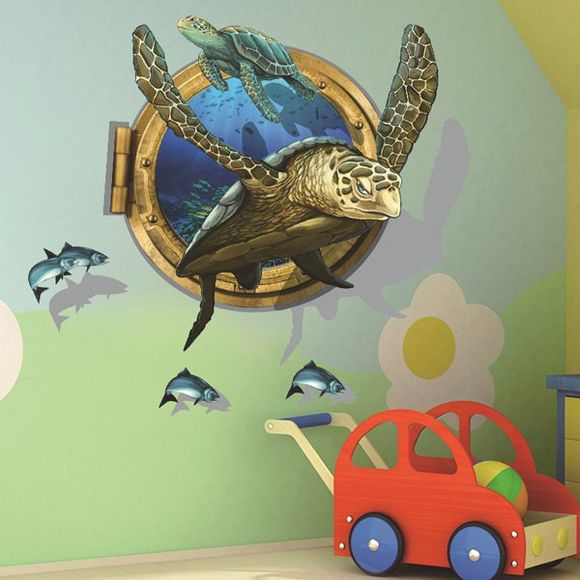 Autocollant 3D mur pour la décoration intérieure Creative Motif Sea Turtle - multicolore 