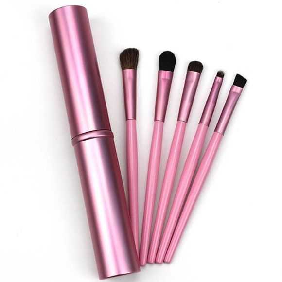 Professional 5 Pcs Portable Horsehair Makeup Brushes Set with Metal Cylinder - Rose 