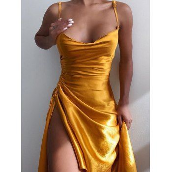 

Side Slit Ruched Satin Cami Dress, White
