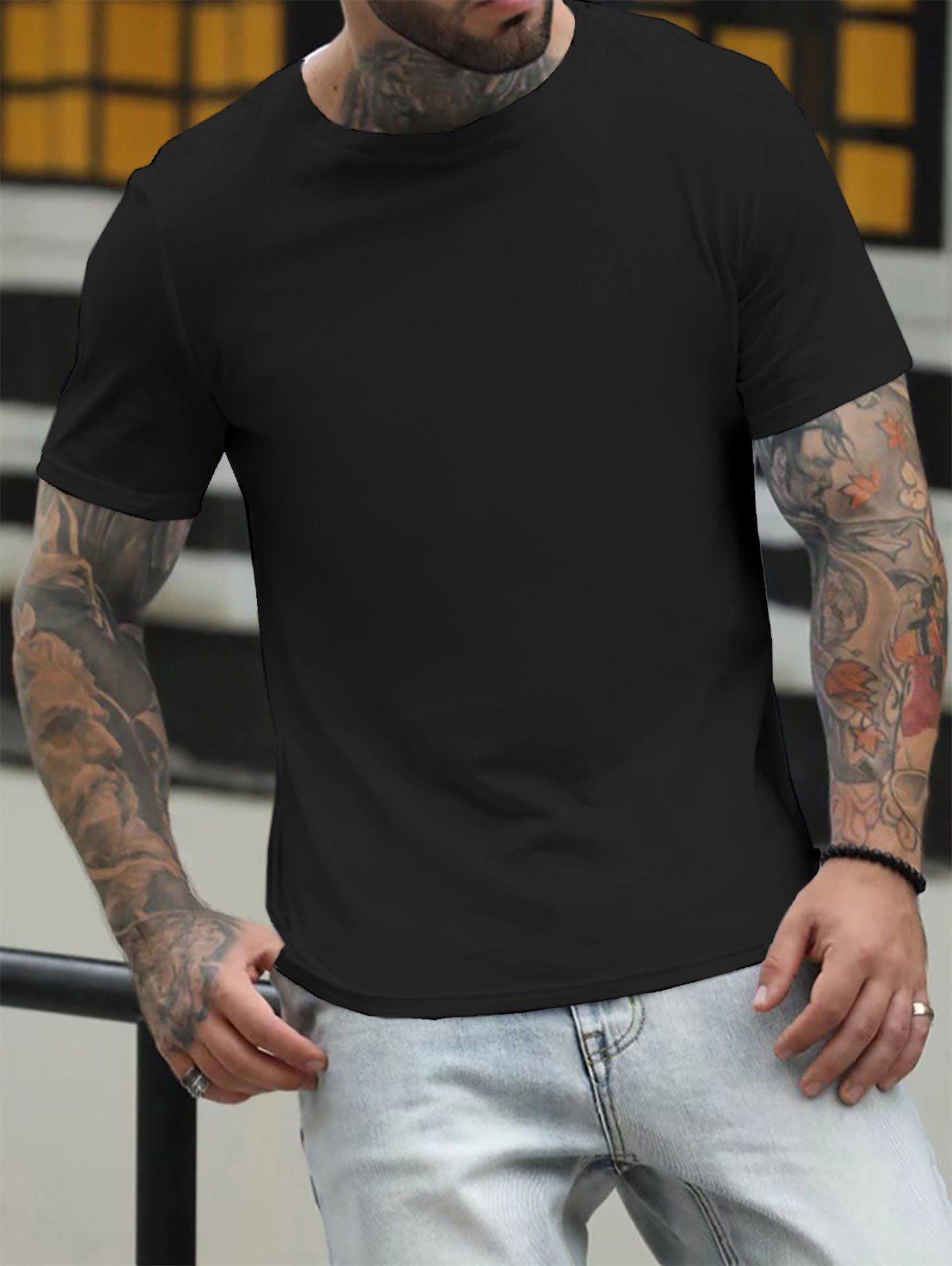 T-shirt de Base Simple en Coton en Couleur Unie à Manches Courtes - Noir L
