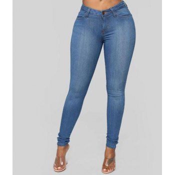 

Dark Wash Long Pencil Jeans Solid Color Zip Fly Casual Denim Pants, Deep blue