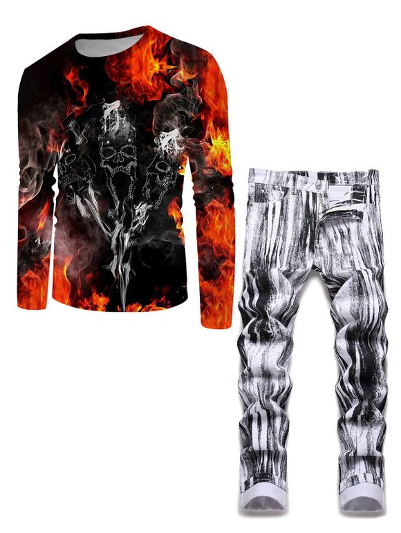 T-shirt Zippé à Imprimé Feu et Encre à Manches Longues et Jean - multicolor A M