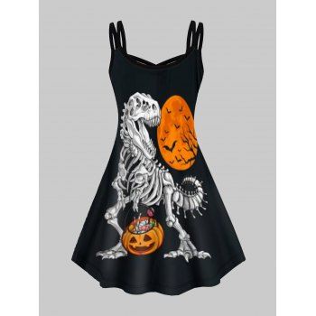 

Plus Size Dress Halloween Pumpkin Skeleton Moon Bat Print Mini Dress Crisscross Dual Straps Cami Dress, Black