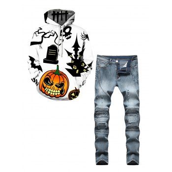 

Halloween Pumpkin Castle Skull Print Kangaroo Pocket Drawstring Hoodie And Ripped Pleated Patches Zip Fly Jeans Outfit, Multicolor a