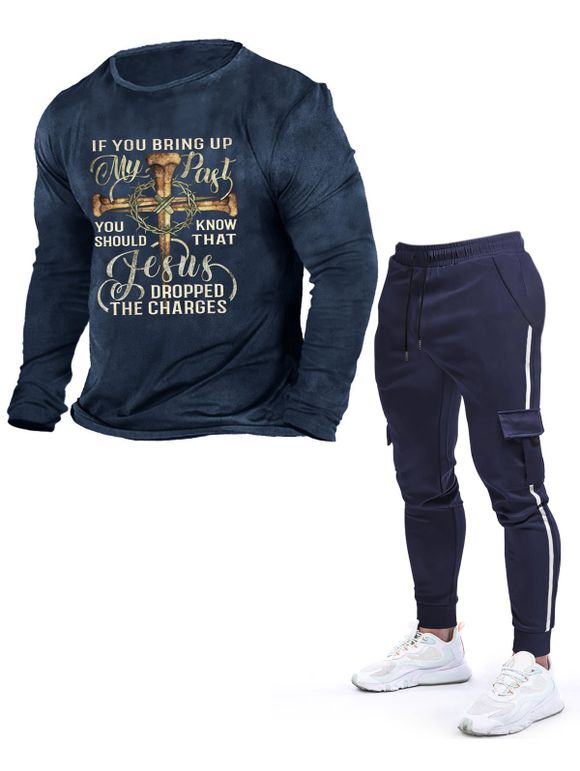 Ensemble de T-shirt Croisé à Imprimé Slogan et Rayures Contrastantes et Pantalon de Jogging - Bleu M