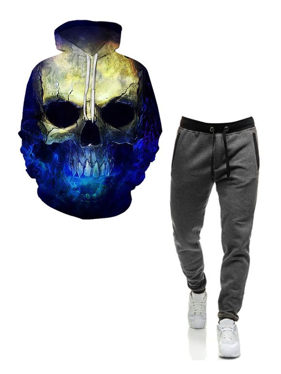 Sweat à Capuche à Imprimé Crâne et Peinture avec Poche Kangourou à Taille Elastique à Cordon de Serrage - multicolor A M
