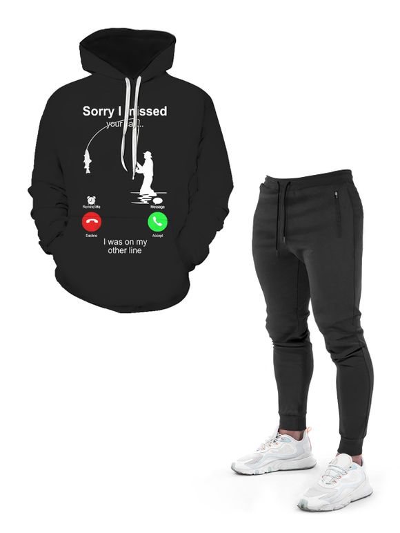 Sweat-Shirt à Capuche de Sport à Imprimé Filet de Pêche et Pantalon avec Cordon de Serrage à la Taille Élastique - Noir M