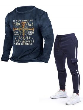 Slogan Cross Graphic Print Long Sleeve T-shirt And Contrasting Stripe Sport Jogger Sweatpants Outfit