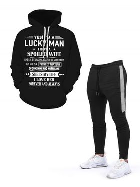 Letter Slogan Graphic Print Kangaroo Pocket Hoodie And Drawstring Waist Contrast Patchwork Jogger Sweatpants Outfit