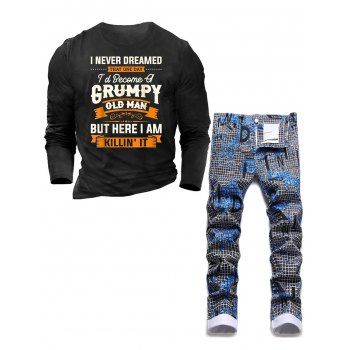 

Letter Slogan Print Graphic Long Sleeve T-shirt And Zipper Fly Letter Plaid Print Pockets Jeans Outfit, Multicolor a