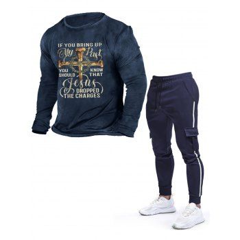 

Slogan Cross Graphic Print Long Sleeve T-shirt And Contrasting Stripe Sport Jogger Sweatpants Outfit, Blue