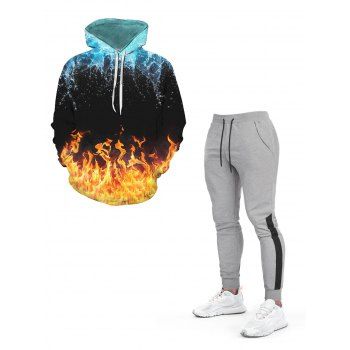 

Water Fire Flame Print Kangaroo Pocket Drawstring Hoodie And Contrast Patchwork Sport Jogger Sweatpants Outfit, Multicolor a