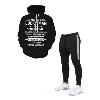 

Letter Slogan Graphic Print Kangaroo Pocket Hoodie And Drawstring Waist Contrast Patchwork Jogger Sweatpants Outfit, Black